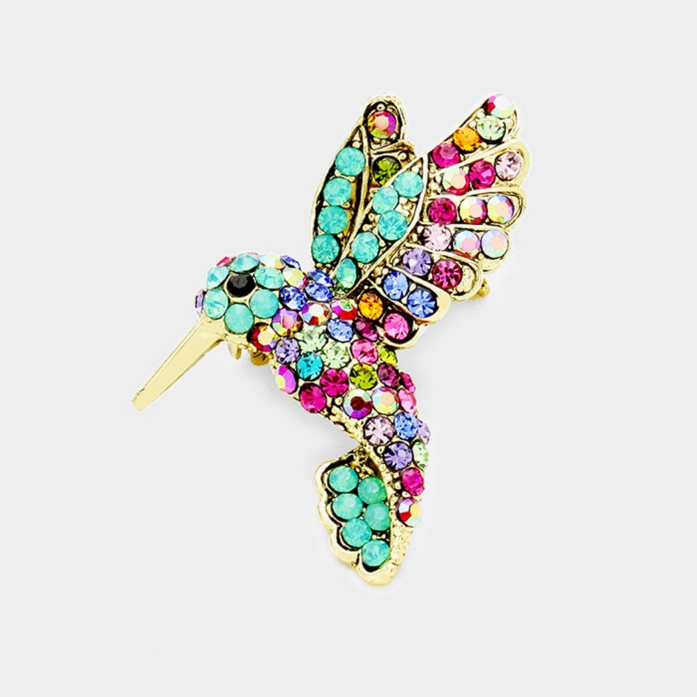 Gold Brooch Rhinestone Crystal Hummingbird Fashion Statement Accessory Pin